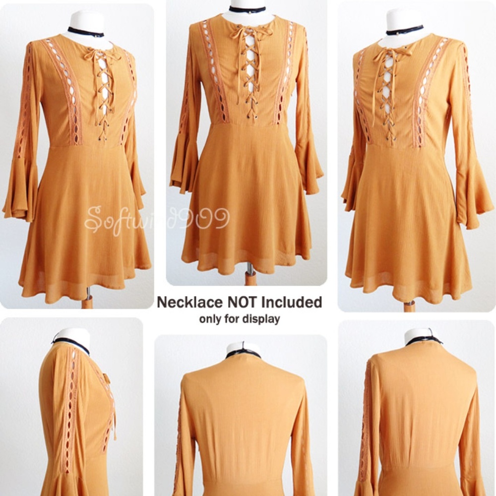 Last☝️Forever 21 Mustard Lace Up Cute Skater Dress - Picture 7 of 8